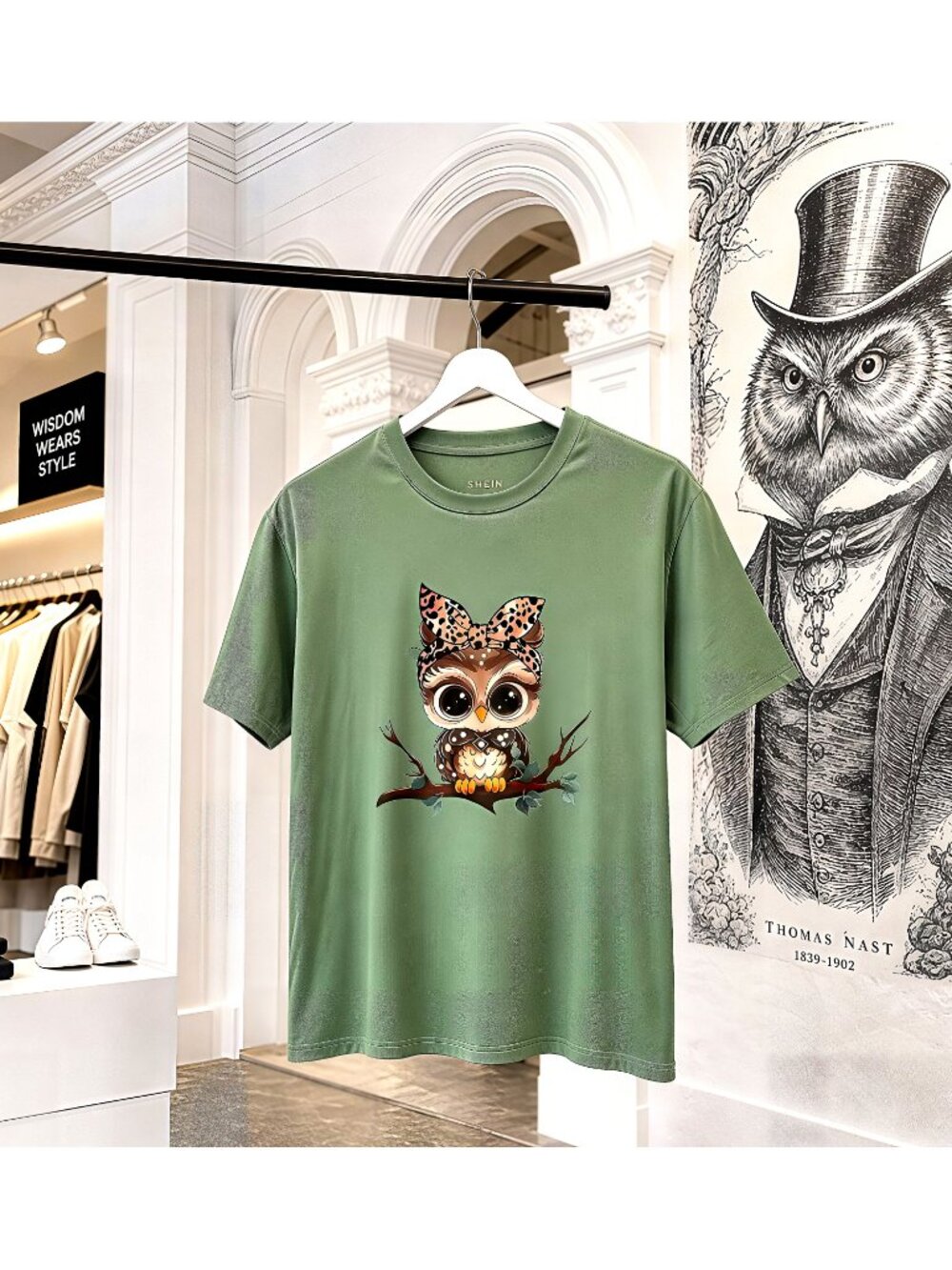 SHEIN Green Owl Graphic T-Shirt Leopard Bow Women’s Size Medium
